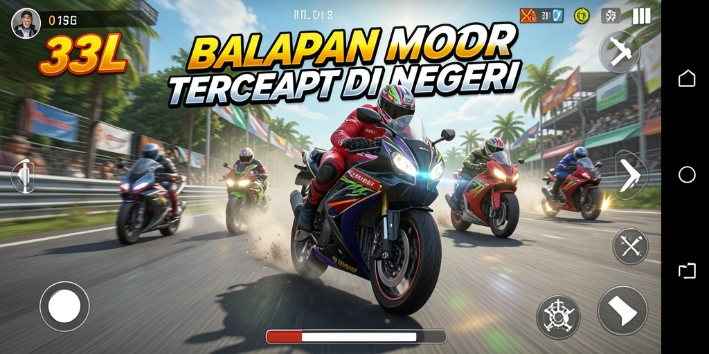 Gameplay 33L menampilkan balapan motor yang intens dan seru.