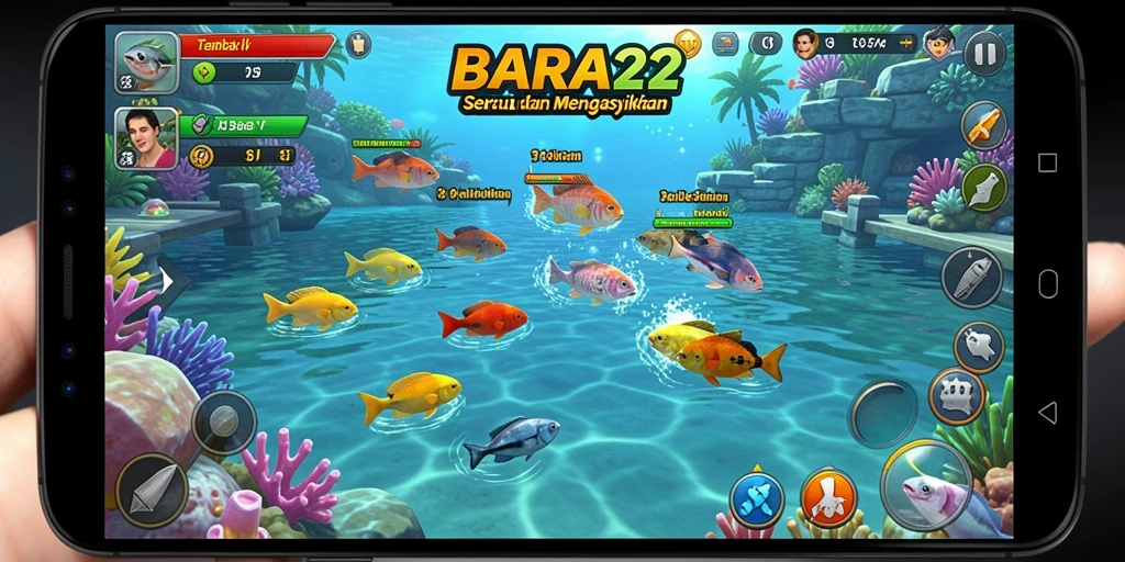 Screenshot gameplay BARA22 menampilkan aksi menembak ikan yang seru.