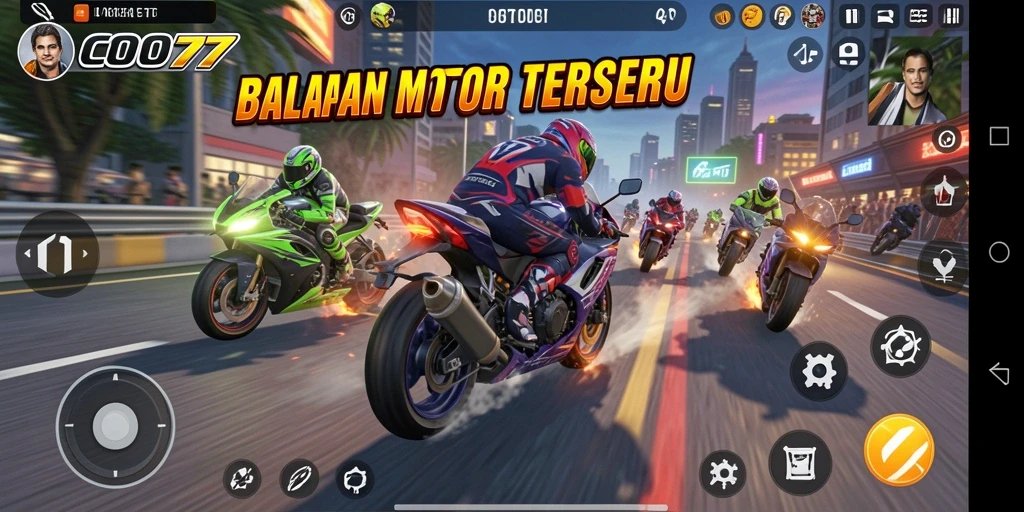 Screenshot gameplay <strong>COO77</strong> menampilkan adrenalin balap motor yang mendebarkan.