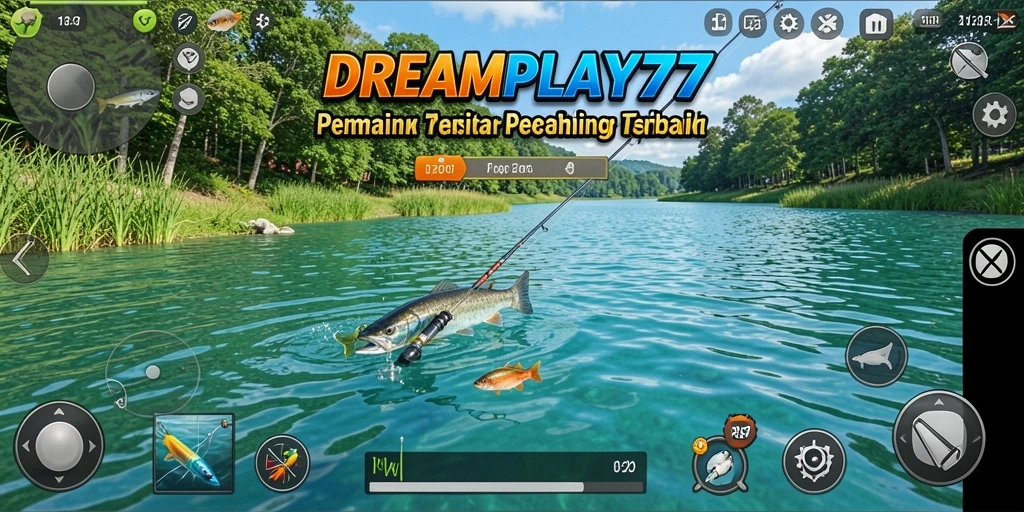 Screenshot gameplay <strong>DREAMPLAY77</strong> menampilkan aksi seru saat menangkap ikan di lautan.