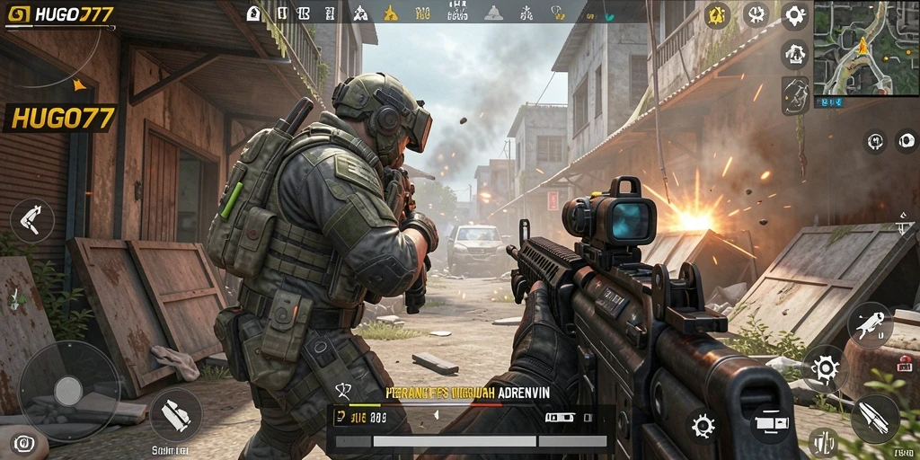 Tampilan aksi menegangkan dalam gameplay HUGO77 FPS.