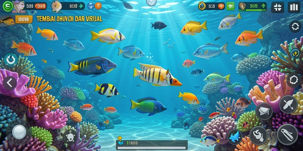 Screenshot ID098 menunjukkan aksi seru menembak ikan di bawah laut.