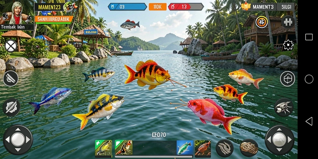 Tangkapan layar utama MAMEN123 menunjukkan aksi menembak ikan yang seru.