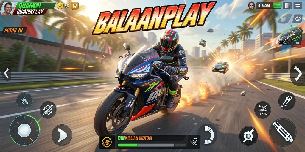 Tangkapan layar gameplay QUARKPLAY menampilkan balapan motor yang mendebarkan.