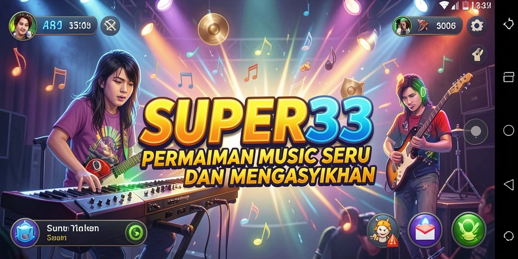 Tampilan screenshot gameplay SUPER33 dengan aksi penuh musik.