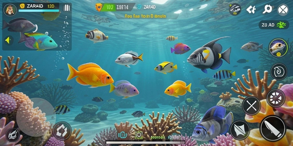 Screenshot ZARA4D menampilkan aksi menembak ikan yang seru dan penuh warna.