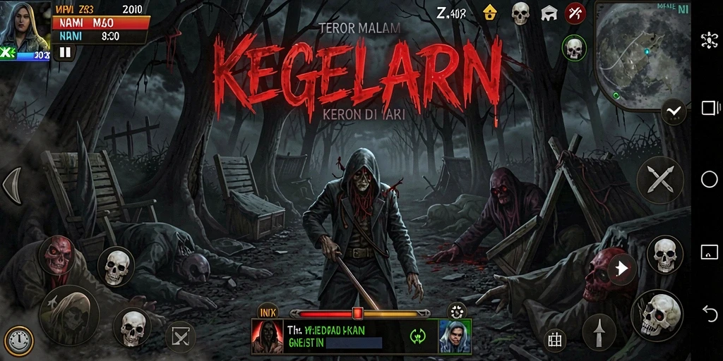 Screenshot utama gameplay ZK3 dengan suasana horror yang mencekam.